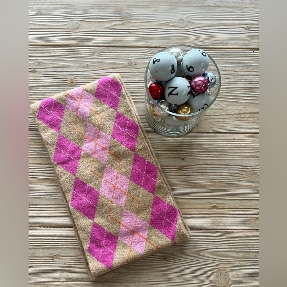 J.Crew Wool Cashmere Argyle Scarf | Tan Pink Orange 7x54 - Picture 5 of 5